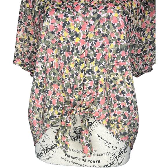 Nine West (M) Floral Button Up Front Tie Collared Short Sleeve Shirt Blouse Top - Picture 7 of 12